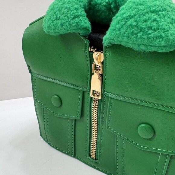 Jacket Shaped Crossbody Bag/ Faux Fur & Leather Coat Purse - Green - NWT - Picture 6 of 9